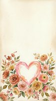 Watercolor floral heart frame with roses and wildflowers on vintage paper background for wedding invitations and romantic designs.