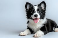 Adorable black and white Border Collie puppy lying down with happy expression and tongue out against light background, looking at camera with bright eyes.