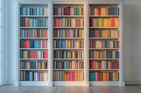 Built-in white bookshelf with colorful books arranged by spectrum creates modern minimalist library interior against light wall, natural daylight from window.