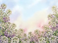Watercolor floral border with white and purple wildflowers on a soft pastel sky background, perfect for greeting cards and invitations.