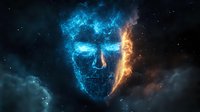 Cosmic face formed by blue and orange nebula clouds against starry space background, representing duality of creation and destruction in universe.