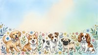 Watercolor puppies border with golden retriever, corgi, jack russell terrier, pug and cavalier king charles spaniel among floral elements for nursery decor.