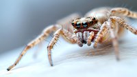 Macro close-up of jumping spider with colorful iridescent eyes and detailed fuzzy body showing natural predator behavior for wildlife photography projects.