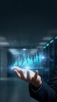 Businessman holding glowing holographic financial chart with rising bar graphs and data analytics display for business growth and investment analysis.