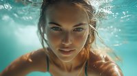 Young woman swimming underwater in turquoise pool with natural sunlight creating ethereal glow, close up portrait showing radiant skin and flowing hair.