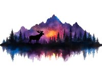 Silhouette of moose standing by lake against mountain landscape with vibrant aurora sky and pine forest reflection in water, watercolor style artwork on white background.
