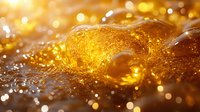 Golden honey wave splashing with glowing bokeh lights and crystallized sugar texture creates mesmerizing macro shot with rich amber tones and dynamic movement.