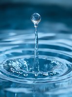Macro photography of water drop collision creating a tall liquid column with perfect spherical droplet on top, captured in cool blue tones with rippling circular waves.