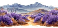 Dreamy mountain landscape with blooming lavender fields and winding path through purple flowers, misty peaks in background, soft morning light creates golden glow.