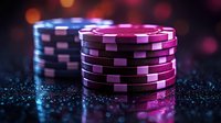 Stack of poker chips illuminated by pink and purple neon lights on dark glittery surface with bokeh background, creating atmospheric casino gaming ambiance.