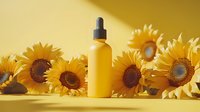 Yellow cosmetic bottle with dropper surrounded by bright sunflowers on yellow background, natural skincare product photography for beauty and wellness marketing.