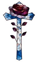 Geometric stained glass rose in deep burgundy and blue tones with mosaic pattern stem and leaves on white background, isolated design for decorative art.