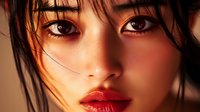 Young Asian woman with dramatic red lipstick and intense gaze in artistic beauty portrait. Dark hair frames face with warm lighting creating moody atmosphere.