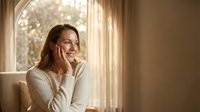 Happy young woman talking on smartphone by window with natural light in cozy home interior for communication and lifestyle concepts.
