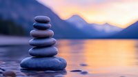 Balanced stone stack by serene mountain lake at sunset creating peaceful zen meditation atmosphere for wellness and mindfulness practices.