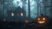 Spooky Halloween scene with glowing jack-o-lanterns in misty forest and haunted cabin with illuminated windows in foggy background.