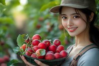 Young Asian woman farmer holding fresh harvested tomatoes in basket, wearing cap and smiling while working in greenhouse garden, natural organic produce.