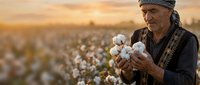 Elderly farmer examining cotton bolls in field during golden hour sunset, agricultural worker inspecting crop quality in rural farming landscape.