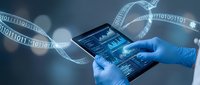Healthcare professional analyzing medical data on tablet with digital binary code streams and futuristic interface technology for modern diagnosis.