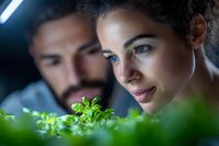 Young Mediterranean woman with bright blue eyes and curly hair examining microgreens with bearded man in modern indoor garden setting, soft dramatic lighting.