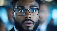 Young African American man with glasses expressing surprise and amazement, mouth open in astonishment. Close up portrait with bokeh background showing genuine emotion.