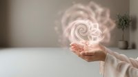 Woman's hands holding glowing pink rose hologram in modern minimalist interior space for wellness and beauty concepts.