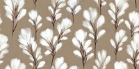 Elegant white fluffy branches on beige background, seamless pattern for textile design, home decor, and wallpaper applications.