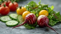 Fresh organic vegetables on dark background - striped beets, yellow and red tomatoes, sliced cucumbers and green lettuce leaves arranged in rustic composition.