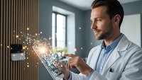 Male doctor using futuristic holographic tablet with glowing digital interface in modern medical office for healthcare technology innovation.