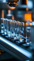Glass test tubes in laboratory setting with orange and blue lighting effects, shallow depth of field creates dramatic scientific research atmosphere.
