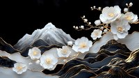 White plum blossoms branch with golden lines and mountain silhouette against black background, modern Asian style art with elegant floral composition.