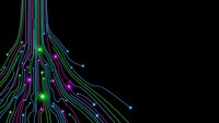 Abstract digital circuit board pattern with glowing neon lines in purple, green and blue colors on black background for technology designs.