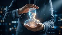 Businessman in suit holding glowing digital hourglass with blue and orange light effects, representing time management, deadline, productivity, and business strategy concepts.