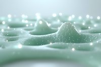 Soft mint green abstract landscape with gentle hills and glowing light particles creating dreamy atmospheric mood, suitable for wellness and spa backgrounds.