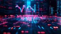 Futuristic stock market data visualization with glowing red and blue trading charts, digital numbers, and dynamic market analysis display on dark background.