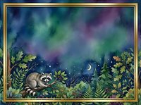 Curious raccoon among lush foliage under starry night sky with crescent moon, surrounded by ferns and golden leaves. Suitable for children's book illustrations, nursery decor, and woodland-themed designs.