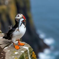 Atlantic puffin seabird with fish in beak standing on coastal cliff edge against blurred ocean background during breeding season wildlife photography.