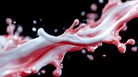 Dynamic collision of red and white liquid splashes creating dramatic crown-like formations against black background, with droplets frozen in motion for artistic effect.