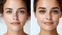 Young woman face before and after skincare treatment showing clear skin transformation for beauty and cosmetic procedures.
