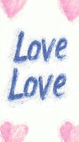 Blue brushstroke text saying Love Love with pink heart corners on white background, creating romantic valentine card design for greeting cards and social posts.