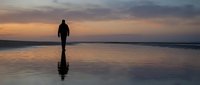 Silhouetted figure standing alone on wet beach sand during golden sunset, reflecting in calm shallow water, serene coastal landscape for contemplation and travel themes.