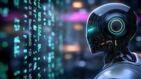 Futuristic robotic head profile against digital matrix background with glowing cyan details and bokeh lights, representing artificial intelligence advancement.