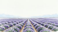 Endless rows of purple lavender flowers stretching toward distant mountains under soft cloudy sky creating peaceful agricultural landscape scene.
