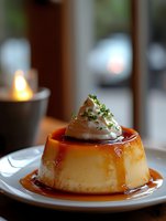 Creamy caramel flan dessert topped with whipped cream and fresh herbs, served on white plate with caramel sauce dripping down sides in romantic candlelit setting.