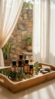 Essential oils collection in wooden tray with herbs and stones for aromatherapy spa wellness treatment in natural sunlit interior setting.