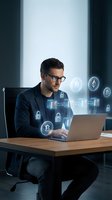 Professional businessman working on laptop with digital security icons and cryptocurrency symbols floating around him in modern office environment.