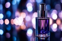 Luxury glass bottle with dropper on reflective surface against blurred purple and blue bokeh lights background, elegant cosmetic packaging design.