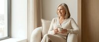 Mature blonde woman in casual beige clothing sitting in armchair by window, holding cup of tea or coffee, relaxed home setting, suitable for lifestyle and wellness content.