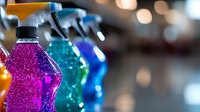 Colorful spray bottles with glitter liquid in pink, turquoise and blue on blurred bokeh background. Cleaning supplies and household products concept.