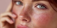 Young woman with natural freckled skin and blue eyes showcasing healthy skincare routine and natural beauty for cosmetic and wellness concepts.